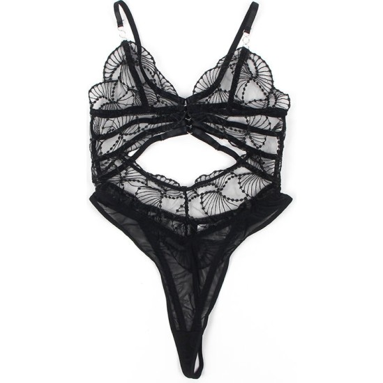 Subblime Bodies SUBBLIME - 955212 TRANSPARENT BODYSUIT WITH BLACK HOLLOW LACE S/M