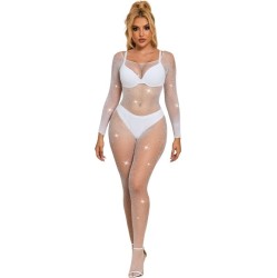 Subblime Bodystockings SUBBLIME - 952396 FISHNET BODYSTOCKING WITH DIAMONDS LONG SLEEVE WHITE ONE SIZE