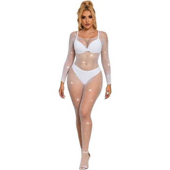 Subblime Bodystockings SUBBLIME - 952396 FISHNET BODYSTOCKING WITH DIAMONDS LONG SLEEVE WHITE ONE SIZE