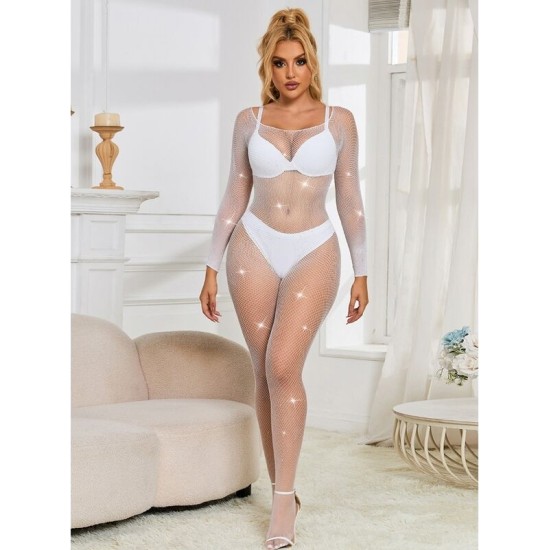 Subblime Bodystockings SUBBLIME - 952396 FISHNET BODYSTOCKING WITH DIAMONDS LONG SLEEVE WHITE ONE SIZE