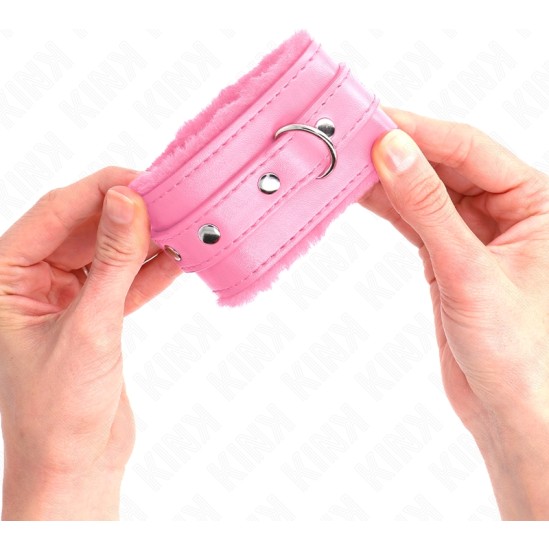 Kink Wrist Restraint KINK - PREMIUM FUR LINED WRIST RESTRAINTS PINK WITH PINK BELT ADJUSTABLE 17-29 CM X 6 CM