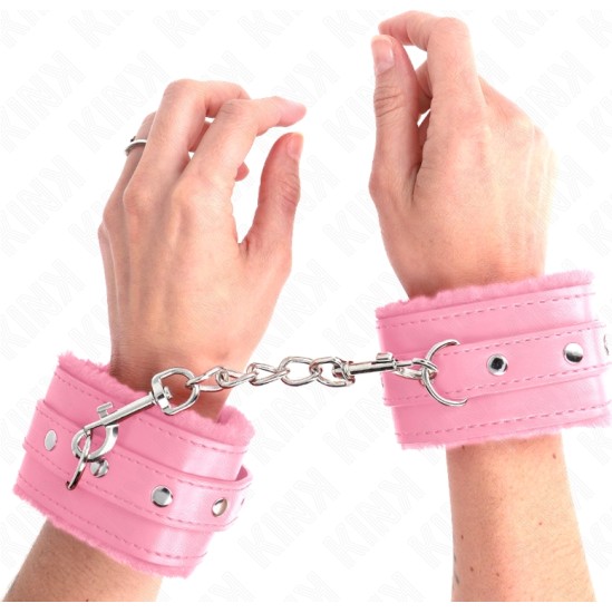 Kink Wrist Restraint KINK - PREMIUM FUR LINED WRIST RESTRAINTS PINK WITH PINK BELT ADJUSTABLE 17-29 CM X 6 CM