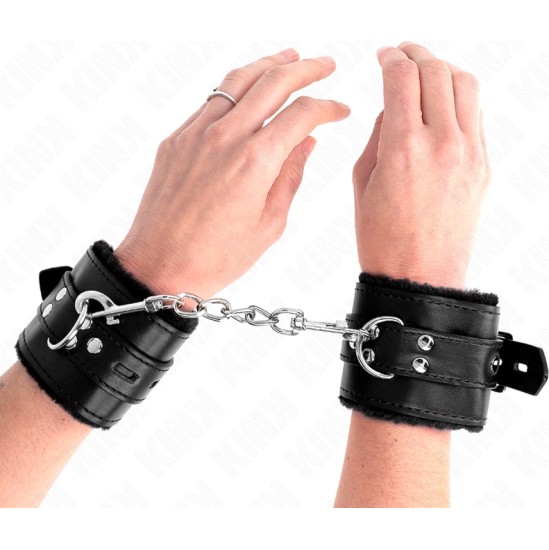 Kink Wrist Restraint KINK - FUR LINED WRIST RESTRAINTS WITH SQUARE HOLES BLACK AND BLACK BELT ADJUSTABLE 17-29 CM X 6 CM