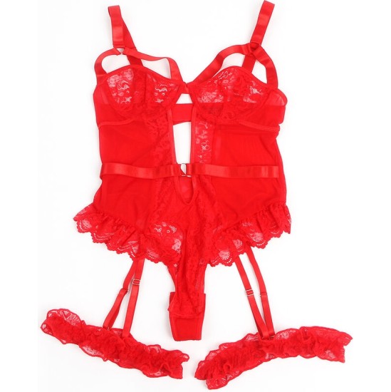 Subblime Bodies SUBBLIME - TEDDY WITH GARTER WITH LACE DETAIL AND STRIPS RED L/XL