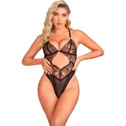 Subblime Bodies SUBBLIME - 955229 TRANSPARENT BODYSUIT WITH HOLLOW LACE BLACK L/XL