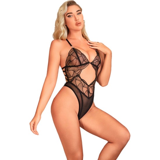 Subblime Bodies SUBBLIME - 955229 TRANSPARENT BODYSUIT WITH HOLLOW LACE BLACK L/XL