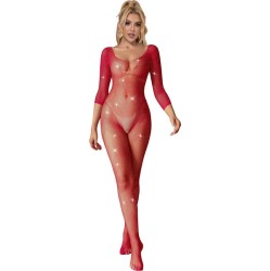 Subblime Bodystockings SUBBLIME - 952419 FISHNET BODYSTOCKING WITH DIAMONDS LONG SLEEVE RED XS/M