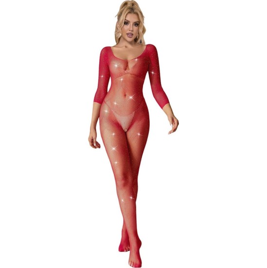 Subblime Bodystockings SUBBLIME - 952419 FISHNET BODYSTOCKING WITH DIAMONDS LONG SLEEVE RED XS/M