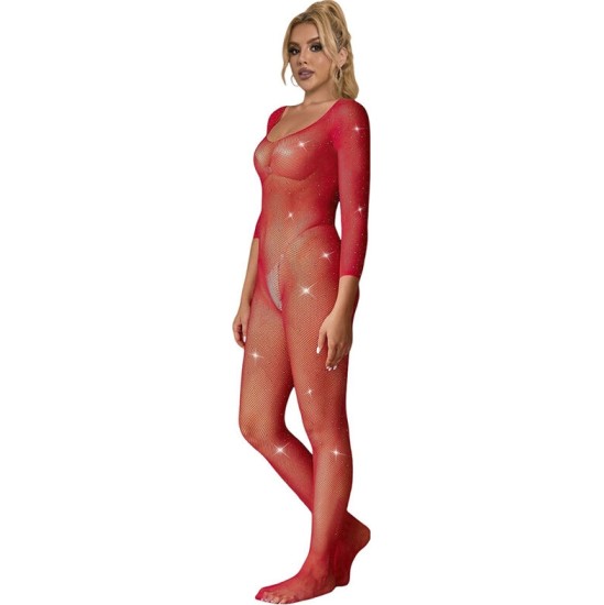 Subblime Bodystockings SUBBLIME - 952419 FISHNET BODYSTOCKING WITH DIAMONDS LONG SLEEVE RED XS/M