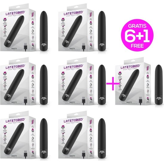 Latetobed Pack 6 +1 Shoty Vibrating Bullet USB 10 Speeds Powerful Motor Black