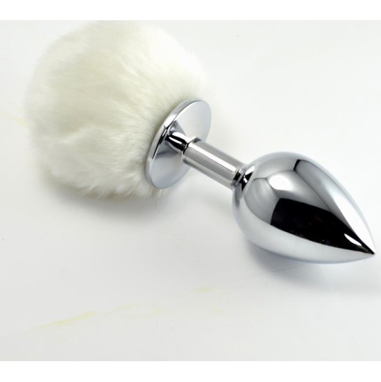 Lovetoy Metal Butt Plug with White Pompon Size L