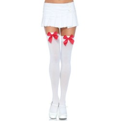 Leg Avenue Hosiery LEG AVENUE - NYLON THIGH HIGHS WITH BOW WHITE / RED
