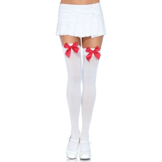 Leg Avenue Hosiery LEG AVENUE - NYLON THIGH HIGHS WITH BOW WHITE / RED