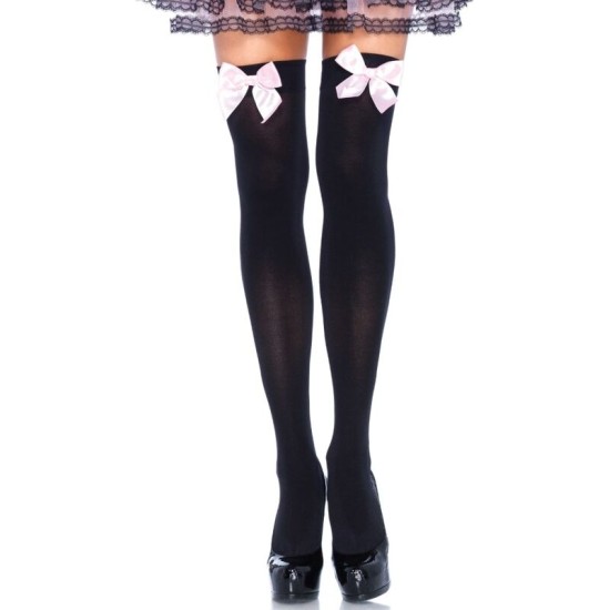 Leg Avenue Hosiery LEG AVENUE - BLACK NYLON THIGH HIGHS WITH PINK BOW ONE SIZE