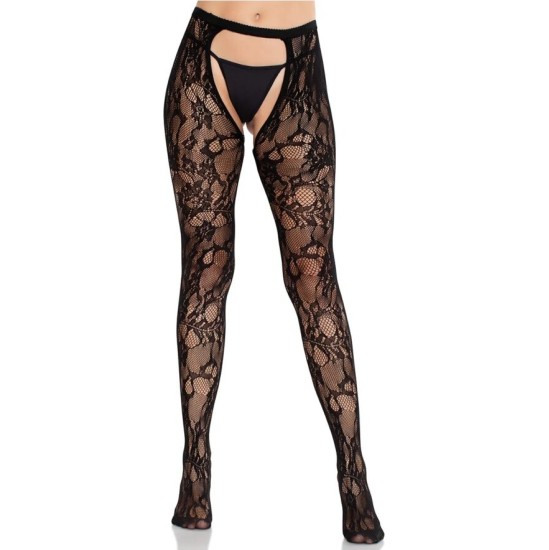 Leg Avenue Hosiery LEG AVENUE - ROSE LACE STOCKINGS WITH OPEN BACK BLACK