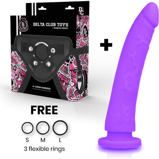 Deltaclub DELTA CLUB – ŽAISLŲ DIRŽAI + Dildo PURPURINIS SILIKONAS 23 X 4,5 CM