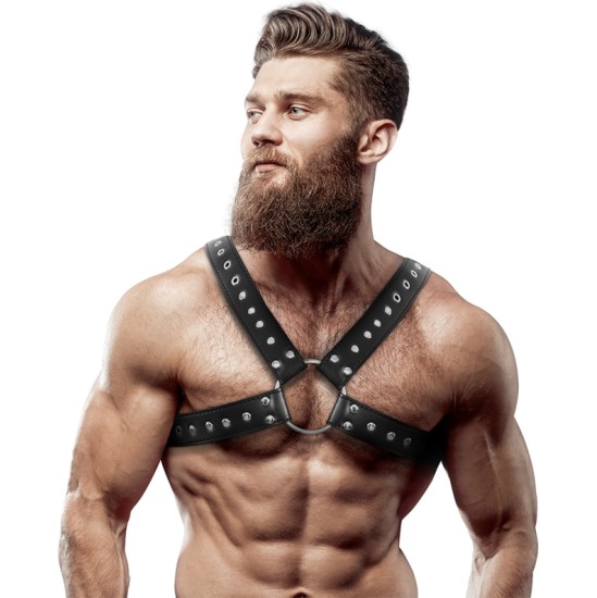 Fetish Submissive Attitude MENS CROSS-OVER ECO-LEATHER CHEST HARNESS WITH STUDS