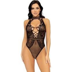 Leg Avenue Bodystockings LEG AVENUE - NET AND LACE KEYHOLE HALTER BODYSUIT ONE SIZE