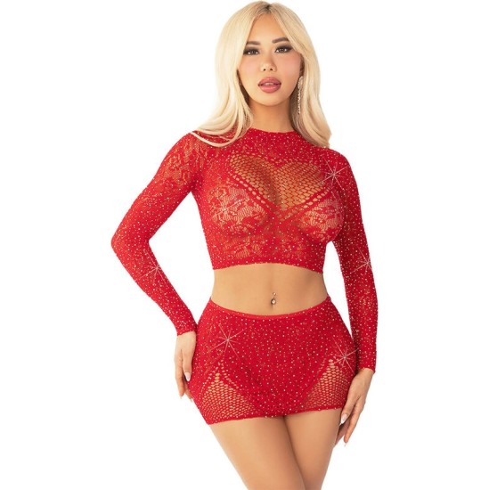 Leg Avenue Dresses LEG AVENUE - SHINY NET CROP + MINI SKIRT RED