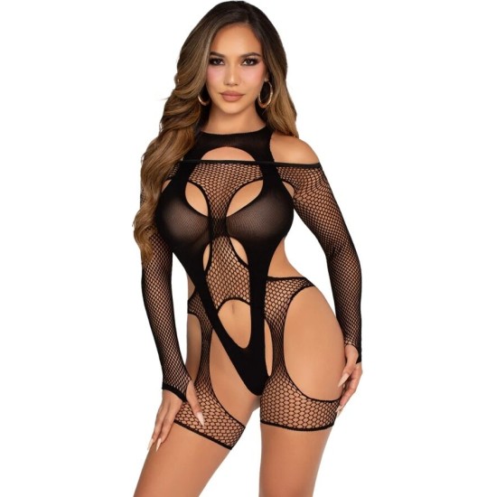 Leg Avenue Teddies LEG AVENUE - FISHNET BODYSTOCKING WITH GARTER BELT AND HARNESS BLACK