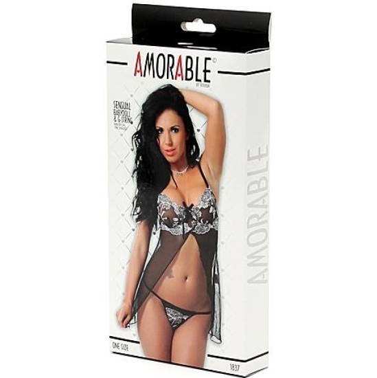 Amorable Babydoll and Thong Black One Size