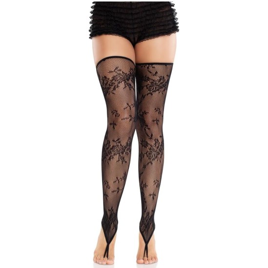 Leg Avenue Hosiery LEG AVENUE - FLORAL LACE FOOTLESS STOCKINGS BLACK