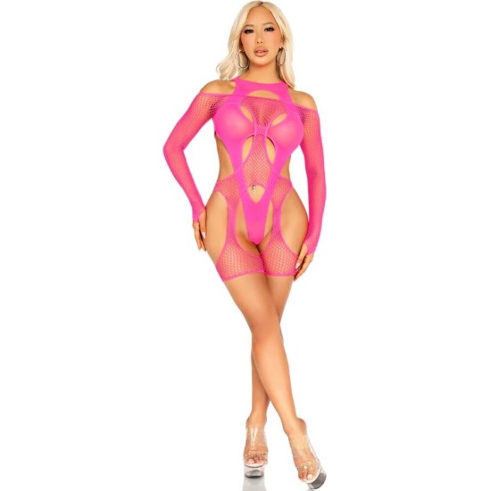 Leg Avenue Teddies LEG AVENUE - FISHNET BODYSTOCKING WITH GARTER BELT AND HARNESS NEON PINK