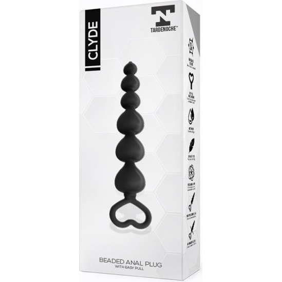 Tardenoche Clyde Beaded Butt Plug with Easy Pull Ring Silicone Black