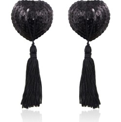 Latetobed Bdsm Line Self-Adhesive Heart Sequin Nipple Cover with Tassel Black