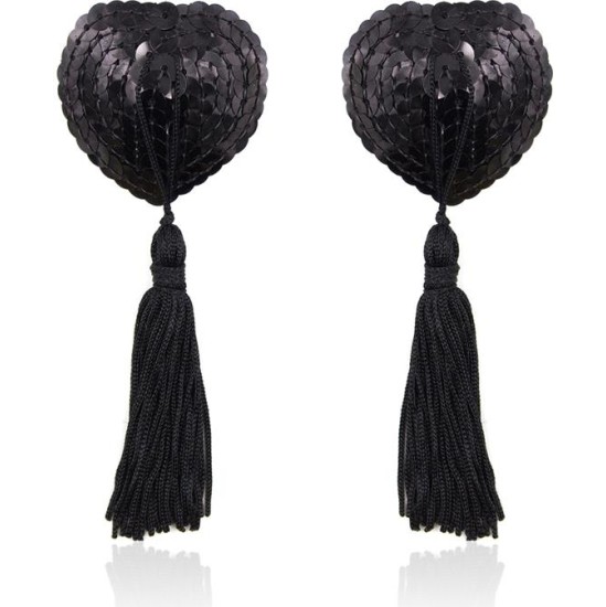 Latetobed Bdsm Line Self-Adhesive Heart Sequin Nipple Cover with Tassel Black