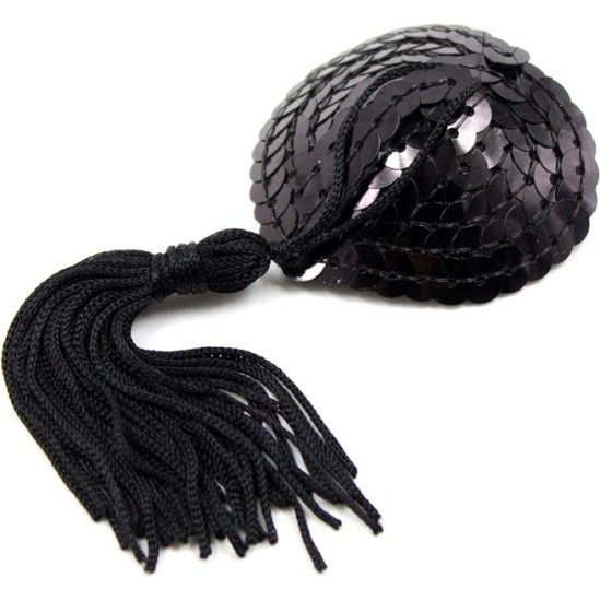 Latetobed Bdsm Line Self-Adhesive Heart Sequin Nipple Cover with Tassel Black