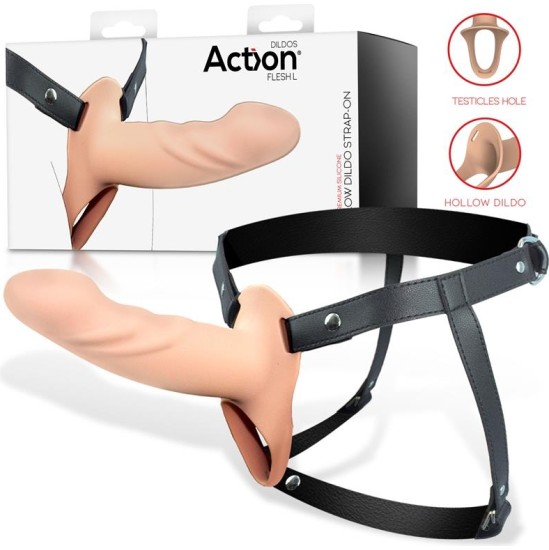 Action Strap-On with Hollow Dildo Premium Silicone Size L Flesh