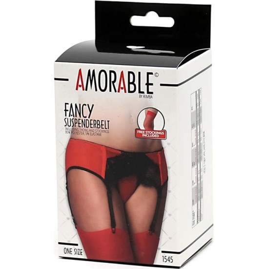 Amorable Garter Belt with Thong and Stockings Black and Red