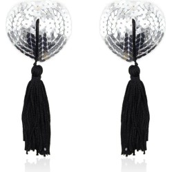 Latetobed Bdsm Line Self-Adhesive Heart Sequin Nipple Cover with Tassel Silver/Black