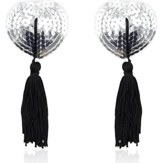 Latetobed Bdsm Line Self-Adhesive Heart Sequin Nipple Cover with Tassel Silver/Black