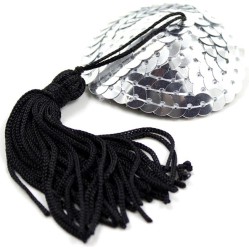 Latetobed Bdsm Line Self-Adhesive Heart Sequin Nipple Cover with Tassel Silver/Black