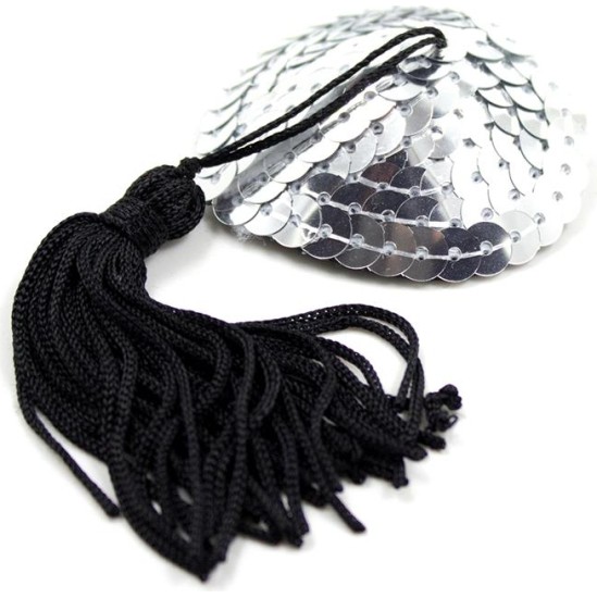 Latetobed Bdsm Line Self-Adhesive Heart Sequin Nipple Cover with Tassel Silver/Black