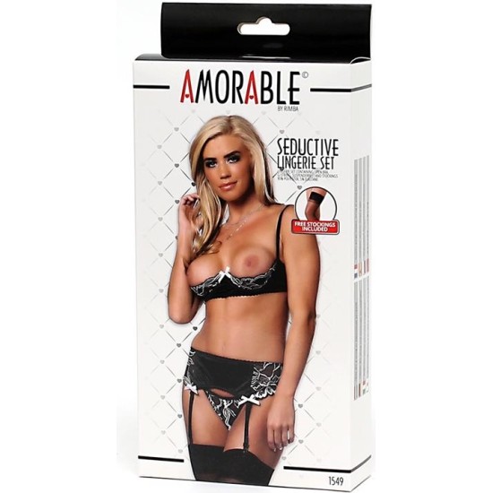 Amorable 4 Pieces Set Open Bra, Thong, Garter and Stockings