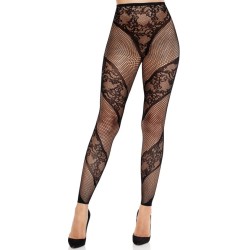 Leg Avenue Hosiery LEG AVENUE - LACE AND SHEER FOOTLESS TIGHTS BLACK