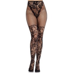 Leg Avenue Hosiery LEG AVENUE - DAHLIA LACE STOCKINGS WITH NET DETAIL BLACK