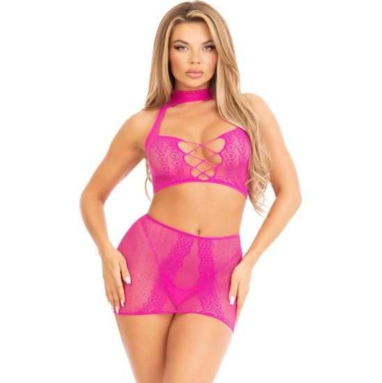 Leg Avenue Sets LEG AVENUE - FUCHSIA OPEN LACE TOP & SKIRT