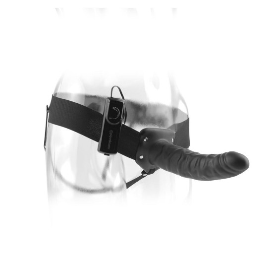 Fetiša Fantāzija 19 cm Vibrējošs ar tukšu vidu STRAP-ON melnā krāsā