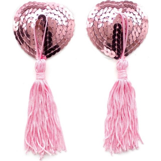 Latetobed Bdsm Line Self-Adhesive Heart Sequin Nipple Cover with Tassel Pink