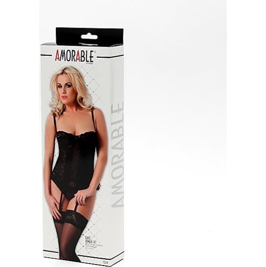 Amorable Basque and Stockings Black
