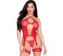 Leg Avenue Bodystockings LEG AVENUE - 89338 LACE OPEN BODYSUIT WITH GARTER BELT + THONG RED - ONE SIZE