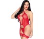 Leg Avenue Bodystockings LEG AVENUE - 89338 LACE OPEN BODYSUIT WITH GARTER BELT + THONG RED - ONE SIZE