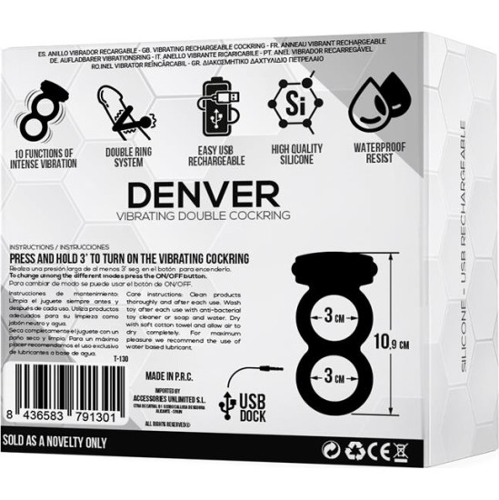 Tardenoche Denver Double Cockring with Vibrating Bullet USB Silicone Black