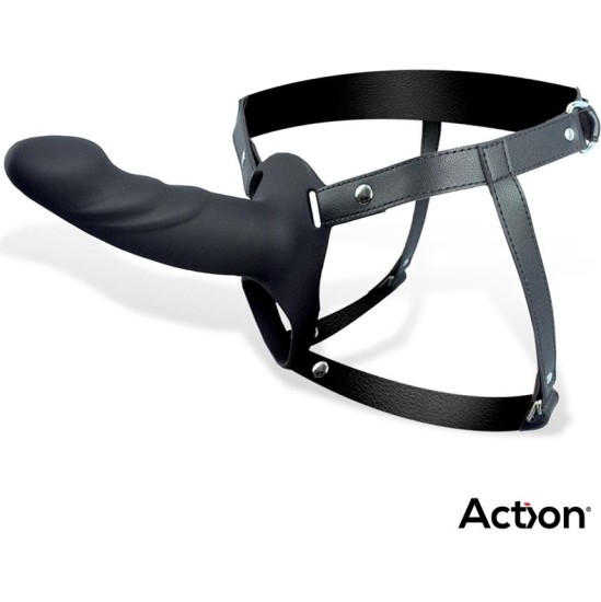 Action Strap-On with Hollow Dildo Premium Silicone Size L Black