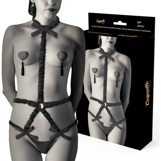 Coquette Accessories COQUETTE CHIC DESIRE - ELASTIC HARNESS SET AND NIPPLE COVERS BLACK