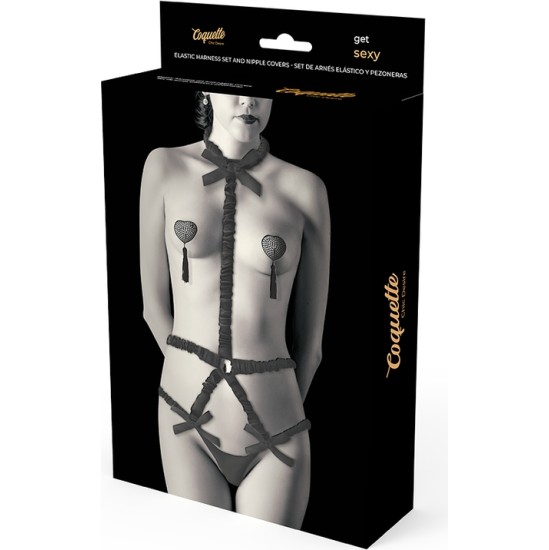 Coquette Accessories COQUETTE CHIC DESIRE - ELASTIC HARNESS SET AND NIPPLE COVERS BLACK